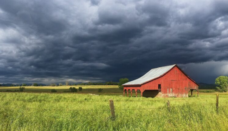 A red barn in a field