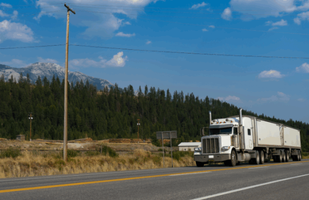 truck on the road with trees and mountains in background