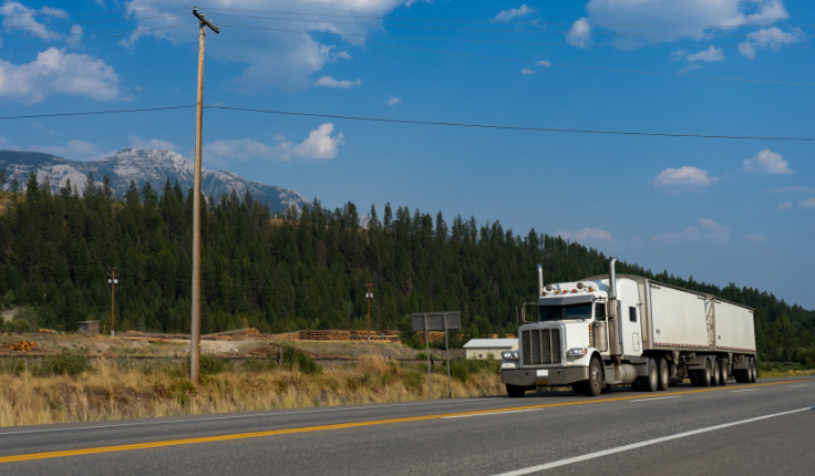 truck on the road with trees and mountains in background