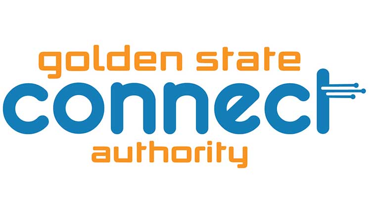 logo of the Golden State Connect Authority, contains orange and blue lettering