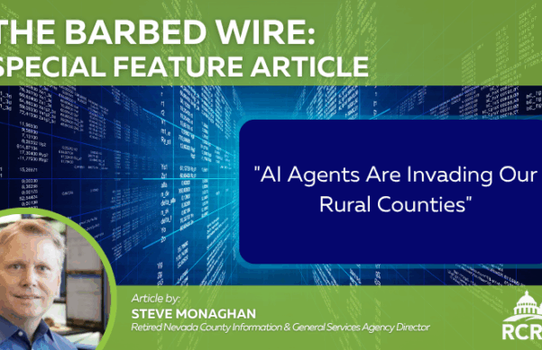 Graphic displaying computer coding and a picture of a man in a blue button up shirt, The graphic is highlighting an article in the Barbed Wire newsletter titled "AI Agents Are Invading Our Rural Counties"