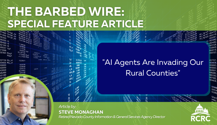 Graphic displaying computer coding and a picture of a man in a blue button up shirt, The graphic is highlighting an article in the Barbed Wire newsletter titled "AI Agents Are Invading Our Rural Counties"