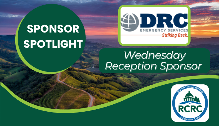 Sponsor Spotlight for RCRC Annual Meeting- DRC Wednesday Reception Sponsor graphics set against a landscape picture framed by dark and light green edging
