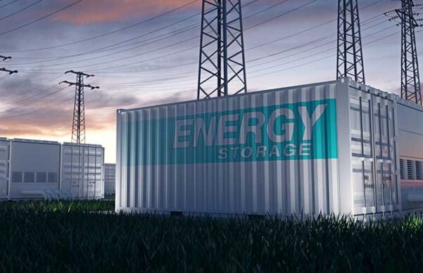 energy storage container on field with telephone wires