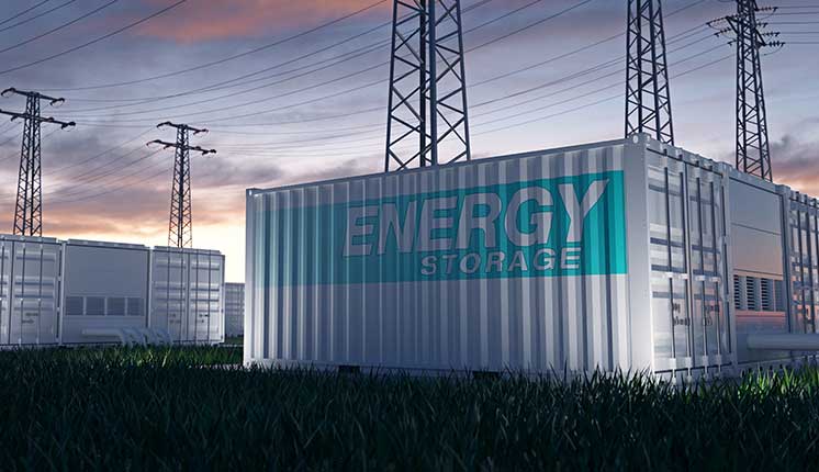 energy storage container on field with telephone wires