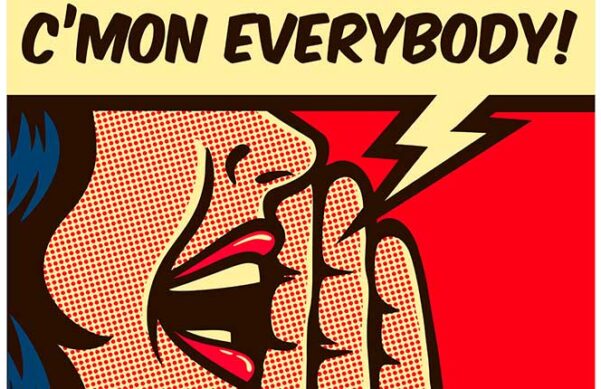 comicstrip-like drawing of a woman's mouth calling out to everyone