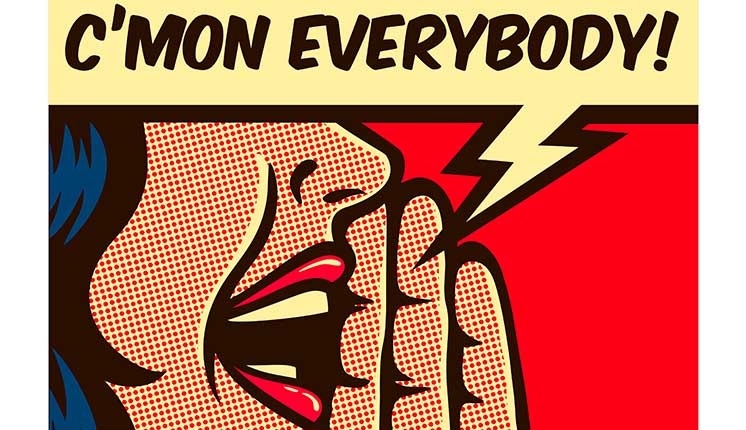 comicstrip-like drawing of a woman's mouth calling out to everyone