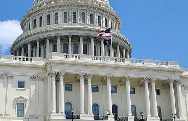 A view of the capitol building in Washington DC up close of pillars on upper level