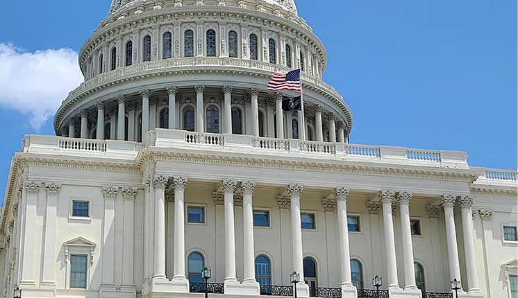 A view of the capitol building in Washington DC up close of pillars on upper level