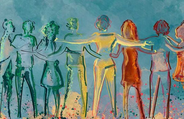 the backside view of painted outlines of people connected by arms around the people beside them