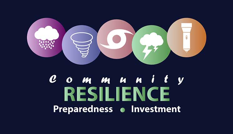 5 circles containing depiction of natural disasters with text underneath