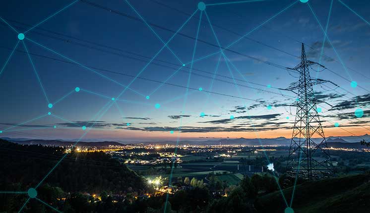 city scape in distance with grid superimposed on top of the image