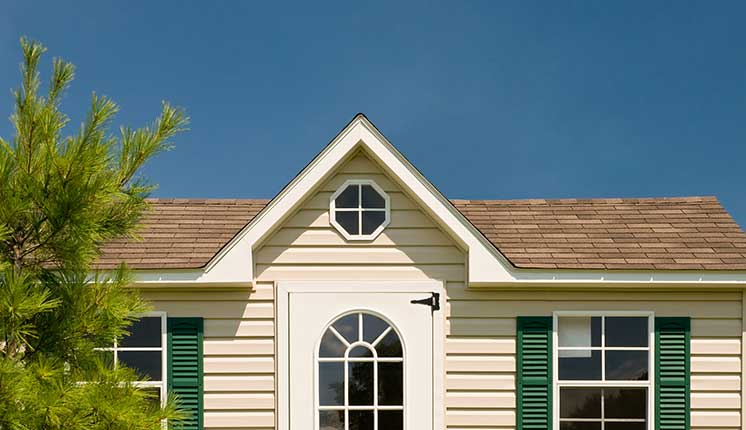 yellow house with tree on left side against the backdrop of the blue sky