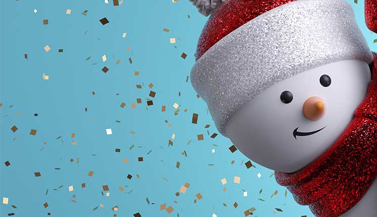 snowman peeks around a corner, against a blue background with confetti