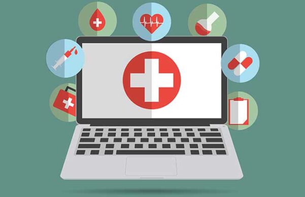 illustration of laptop with hospital symbol on screen and other medical symbols surrounding the laptop