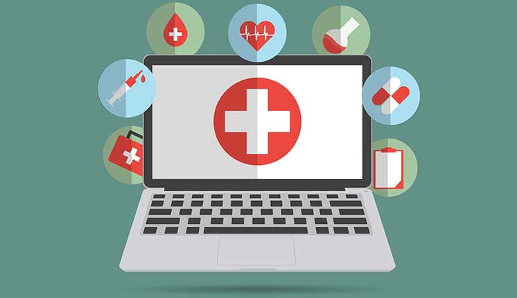 illustration of laptop with hospital symbol on screen and other medical symbols surrounding the laptop