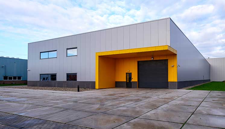 warehouse with yellow door