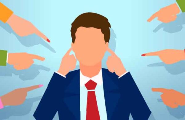 illustration of man with fingers in ears surrounded by pointing fingers
