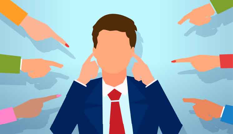 illustration of man with fingers in ears surrounded by pointing fingers