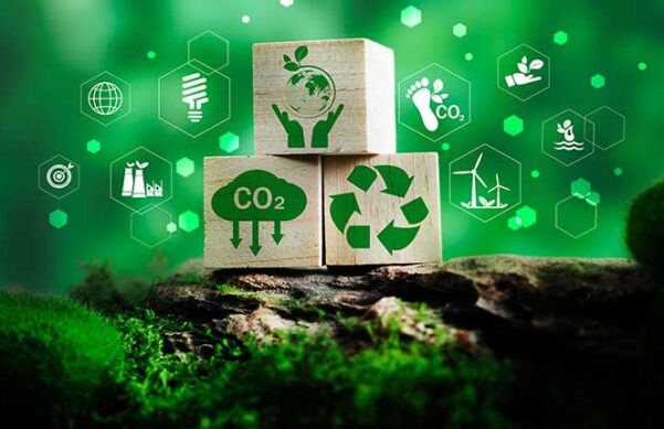 stacked wooden blocks sitting on an earthen hill against a green background