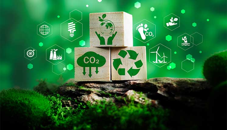 stacked wooden blocks sitting on an earthen hill against a green background