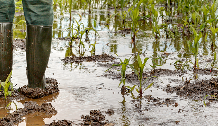 man in boots standing in flooded field of crops