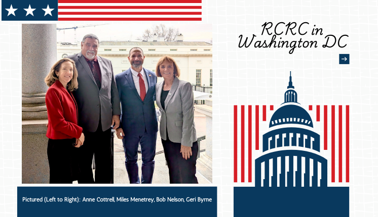 two women and two men in suits and pant suits standing in front of the congressional building in Washington DC, with red white and blue graphics around the picture.