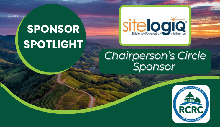 Dark and light green shapes with white text- RCRC Sponsor Spotlight: Chairperson's Circle 2026 - SitelogIQ