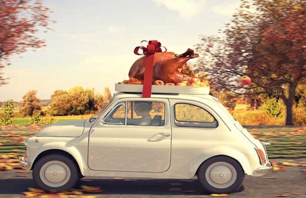 person driving white car down the road with giant cooked thanksgiving turkey tied to the roof with a red bow