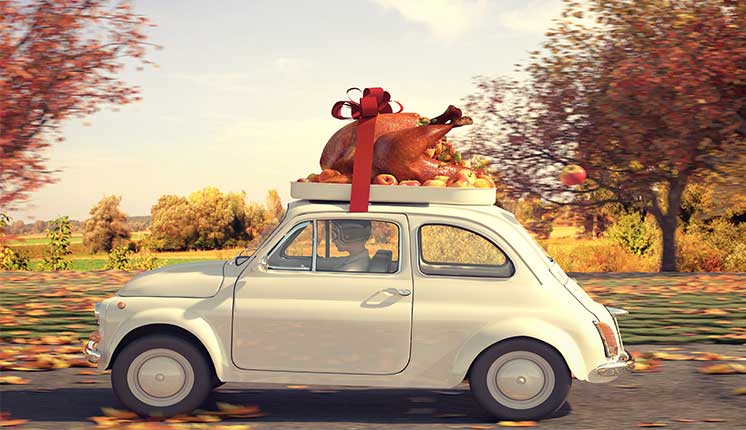 person driving white car down the road with giant cooked thanksgiving turkey tied to the roof with a red bow