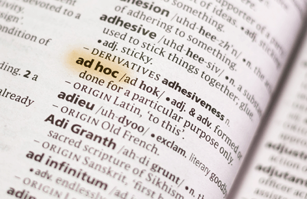 highlighted dictionary entry for the word ad hoc