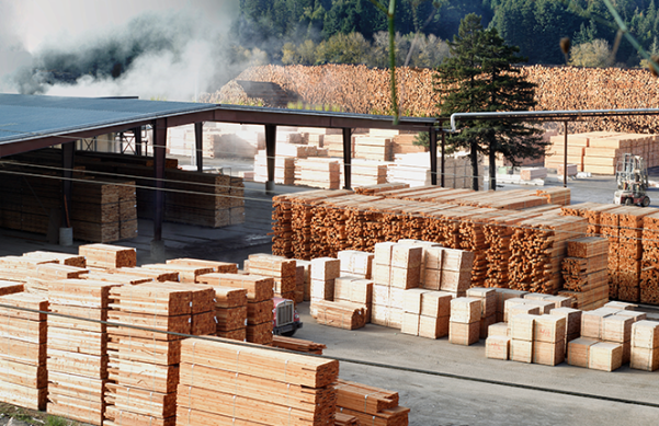 timber stacks around a timber yard, with woody biomass in the background.