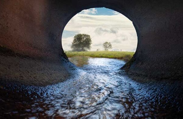water running through a pipeline that opens to a stream and a landscape of green grass, trees, and a blue sky with clouds
