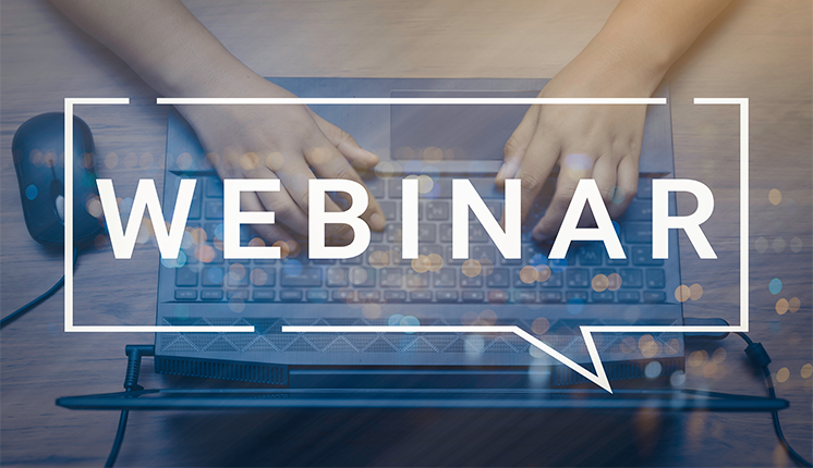 person typing on computer keyboard with an overlay of white text announcing a webinar